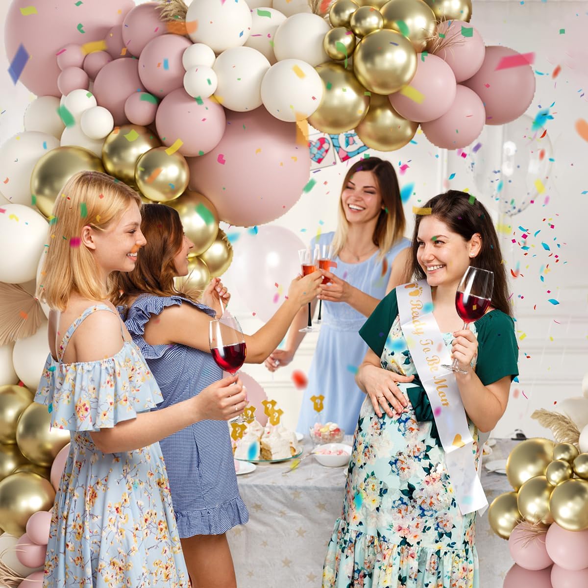 Pink White Gold Balloons Arch Kit, 155Pcs Dusty Pink Matte White Metallic Gold Balloon Garland for Birthday Bridal Baby Shower Wedding Confession Proposal Party Decorations