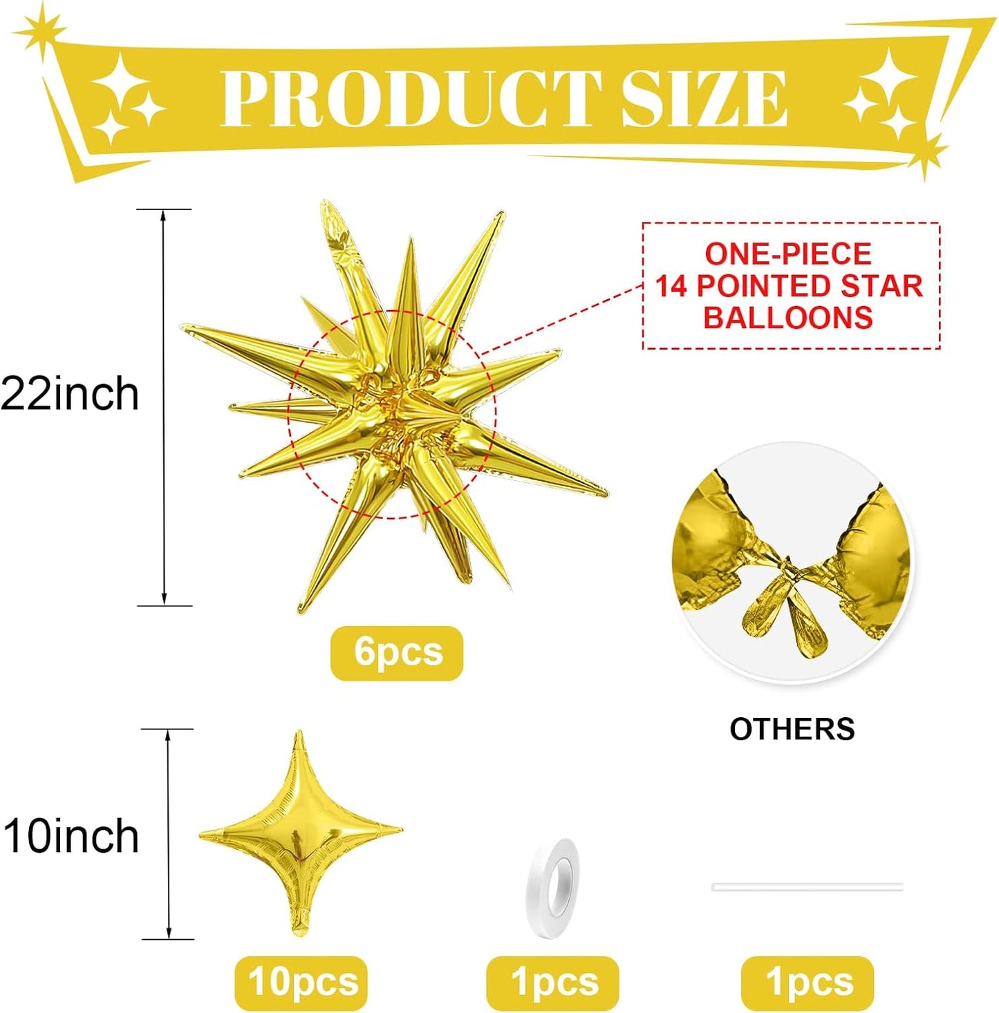 Gold Star Balloon,Gold 6Pcs 22Inch Explosion Star Balloons and 10Pcs 10Inch Four Angle Balloons Kit for Birthday Graduation Anniversary Baby Shower Wedding Party Decorations