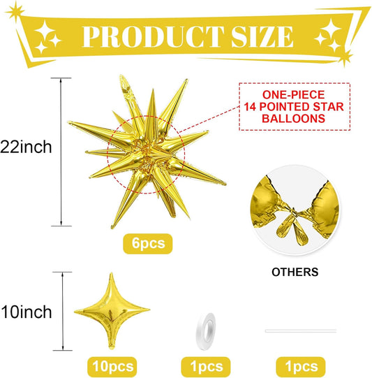 Gold Star Balloon,Gold 6Pcs 22Inch Explosion Star Balloons and 10Pcs 10Inch Four Angle Balloons Kit for Birthday Graduation Anniversary Baby Shower Wedding Party Decorations