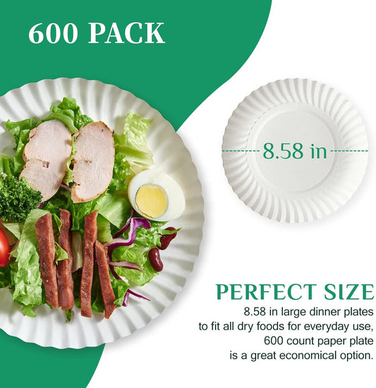 JOLLY PARTY 8.5 inch Paper Plates Uncoated,600 Count Everyday Disposable Plates, Light Weight Paper Plates White, Round Dinner Plates, Large Plate Lunch, for Home and Office