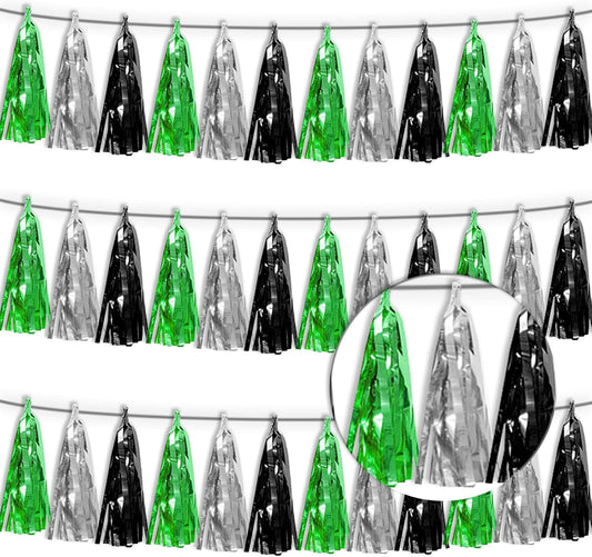 3P Black Silver Green Tassel Banner Garland Metallic Foil Fringe Banner Tinsel Tassels Streamer Banner Backdrop for Parade Floats, Graduation Decorations, Halloween, Christmas Decorations