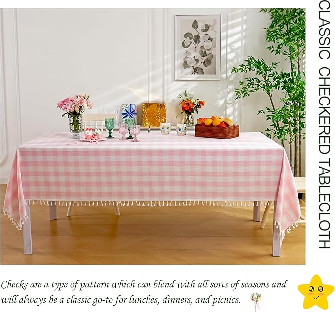 Rectangle Table Cloth for Spring, Summer, Valentine's Day, Easter, Christmas Tablecloth-Farmhouse Plaid Cotton Tablecloths (55" x 120",Pink)
