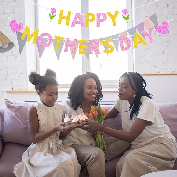 Happy Mother's Day Banner Set Decoration for Mother's Day Party Decorations Backdrop Garland for Mom Mother's Day Glitter Garland Photo Props (Pink Tulip Heart)