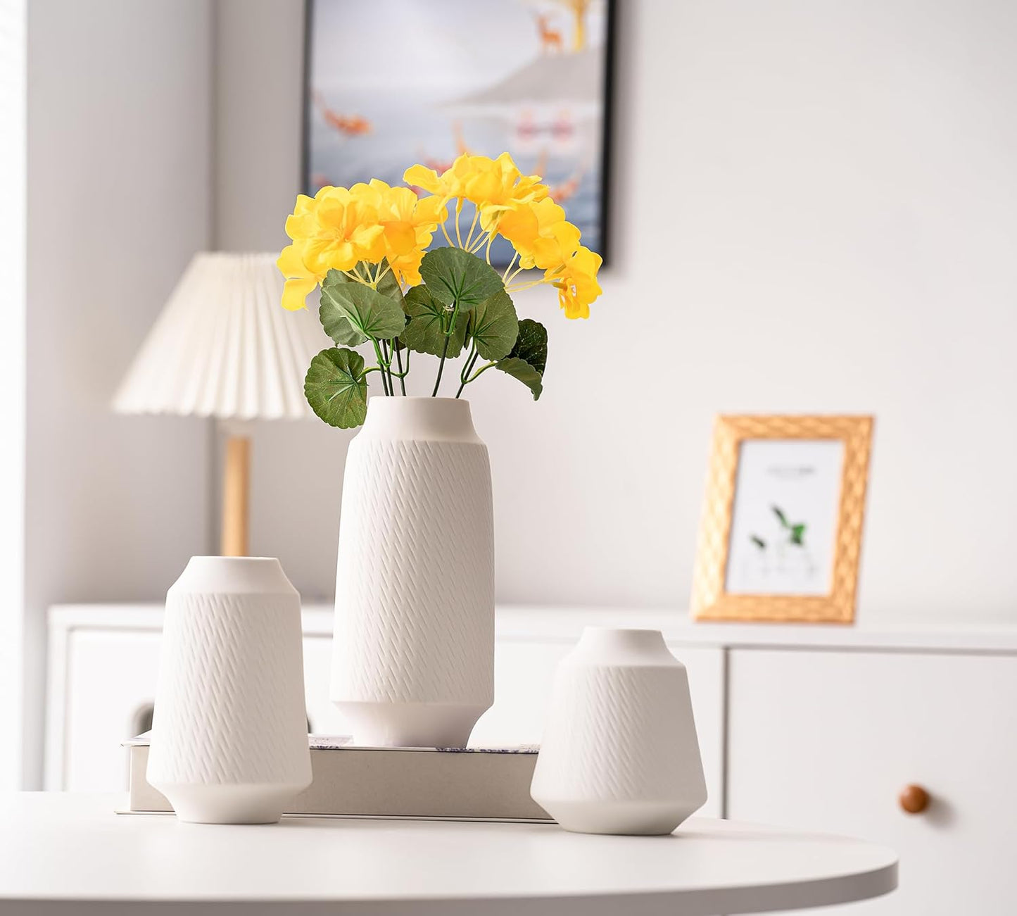 White Ceramic Vase Set of 3, Wide Mouth Small Flower 9” Tall Vase Modern for Home Decor Table Centerpiece Farmhouse Decorative Christmas