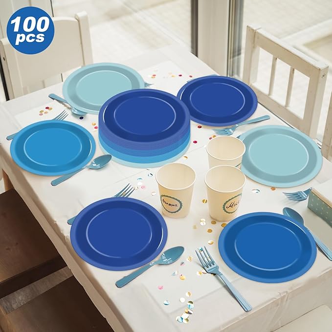 100Pcs Gradient Blue Paper Plates 9 Inch - Disposable Round Dessert Plates for Ocean Party, Winter Table Decor - Birthday, Wedding, Baby Shower Tableware