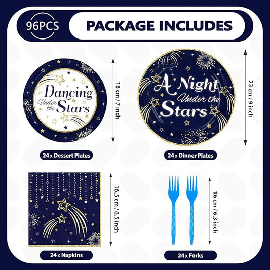Grencian Dancing Under the Stars Decorations - 96 Pcs Navy Blue Starry Night Party Plates and Napkins Gold Star Disposable Tableware for A Night Under the Stars Birthday Party Decorations Serve 24