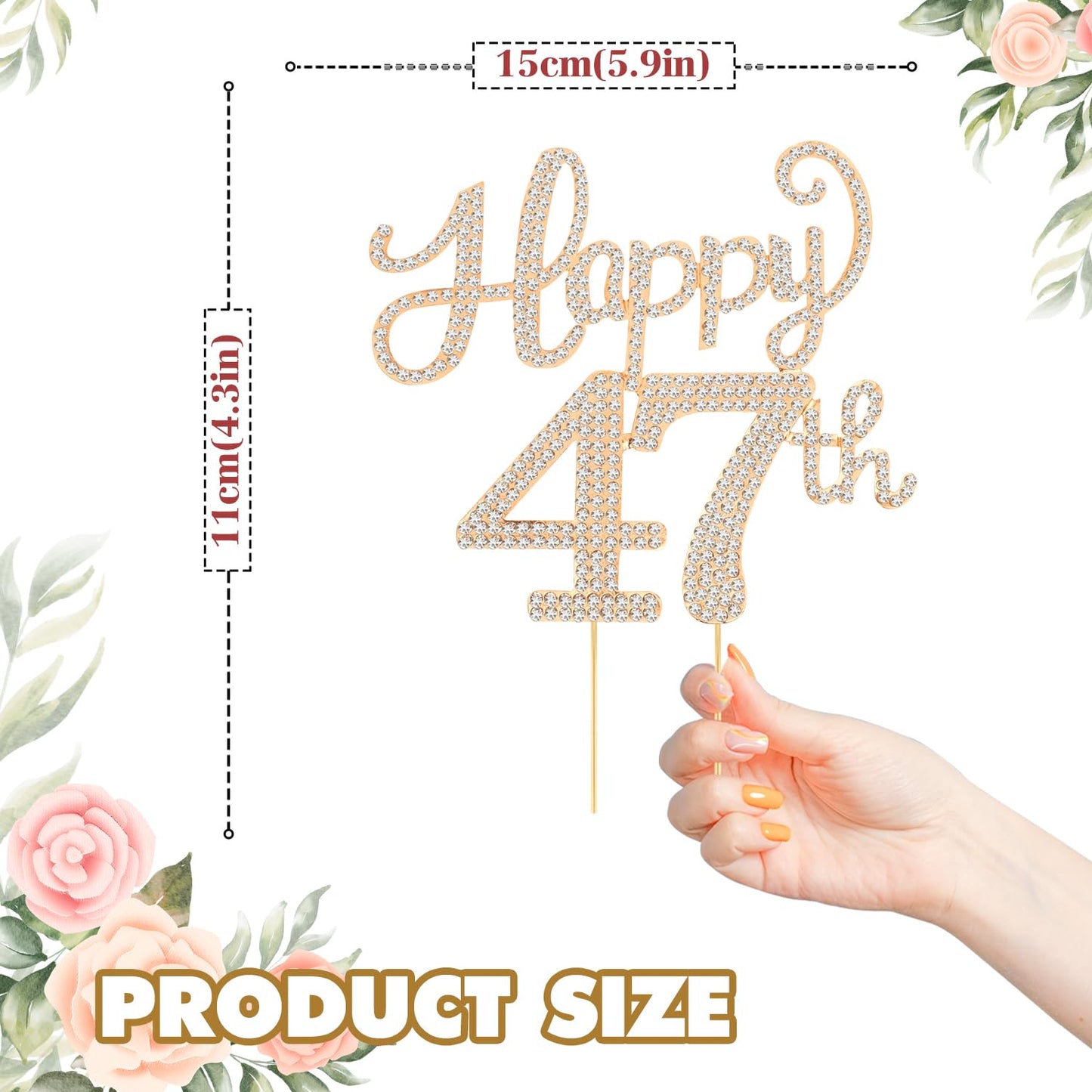 Happy 47th Birthday Decorations,47th Birthday Gold Rhinestone Cake Topper - Cheers to 47 Years Old Bday Party Metal Sparkly Cake Centerpieces Sign.