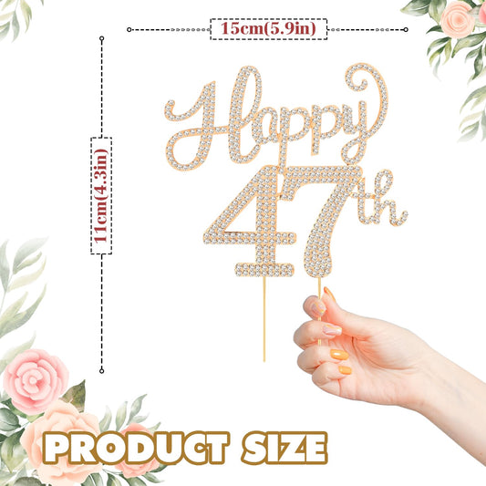 Happy 47th Birthday Decorations,47th Birthday Gold Rhinestone Cake Topper - Cheers to 47 Years Old Bday Party Metal Sparkly Cake Centerpieces Sign.