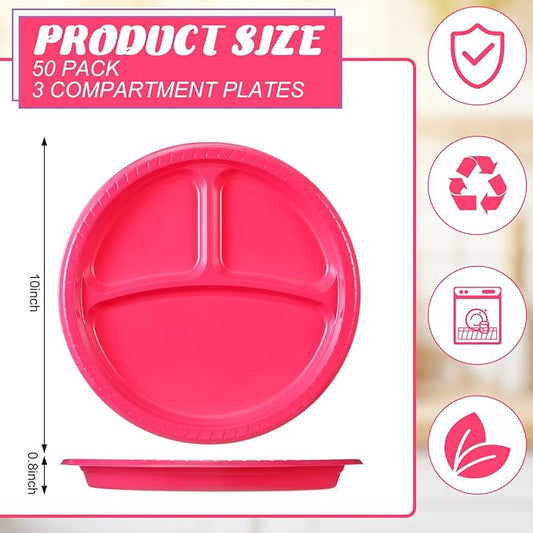 50 Pcs 10 Inch Plastic 3 Compartment Divided Plates Heavy Disposable Round Dinner Plates with Dividers for Wedding Birthday Party Dinnerware (Red, Pink)