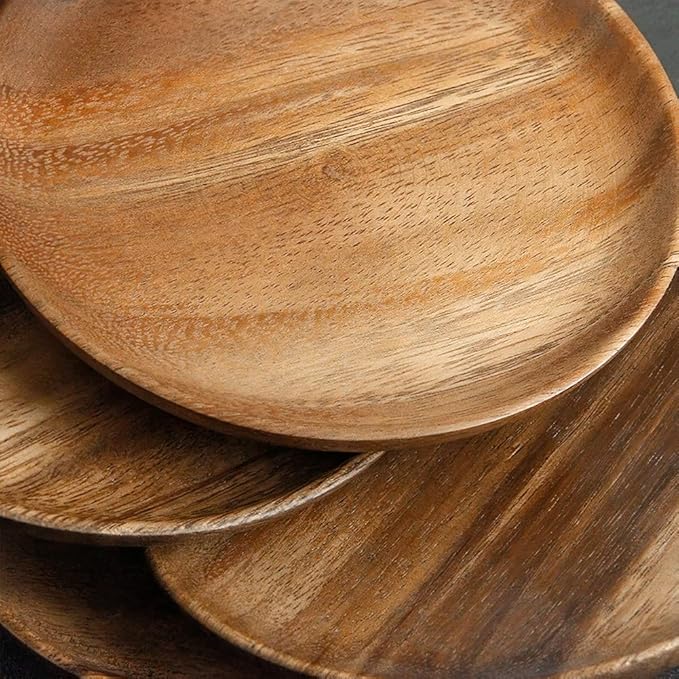 IQCWOOD Wooden Dinner Plates, 6 Inch Round Wood Plates Set of 4, Acacia Wooden Plates Round Tray Easy Cleaning Serving Platter for Food Dessert Salad Plate Fruit Platters