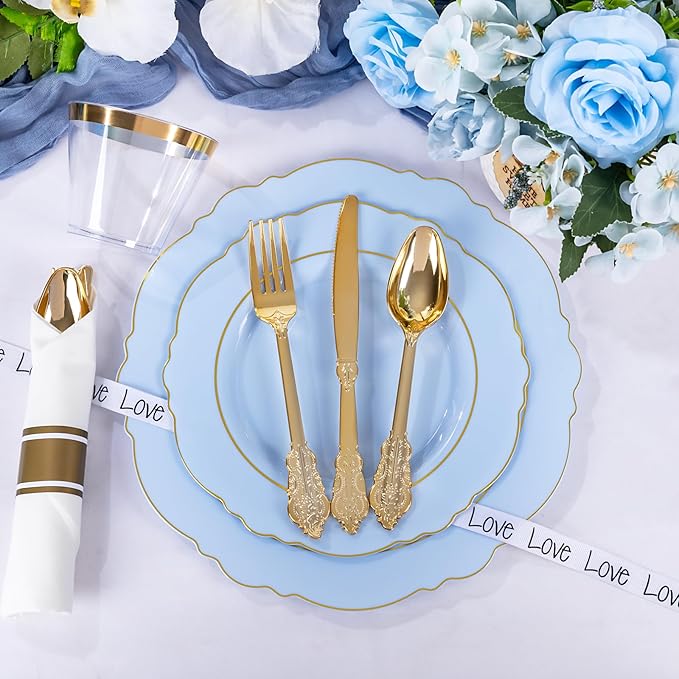 Liacere 175PCS Bule Plastic Plates - Disposable Ligh Bule and Gold Plates - Baroque Plastic Dinnerware 50Plates, 25Pack Pre Rolled Napkins with Silverware 25Cups for Baby Shower Party &Easter Day