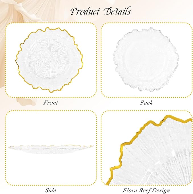 50 Pack Clear Charger Plates Bulk, 13" Plastic Reef Chargers for Dinner Plates, Round Charger Plate with Gold Rim Floral Reef Design for Dinner Wedding Party Table Setting Decoration