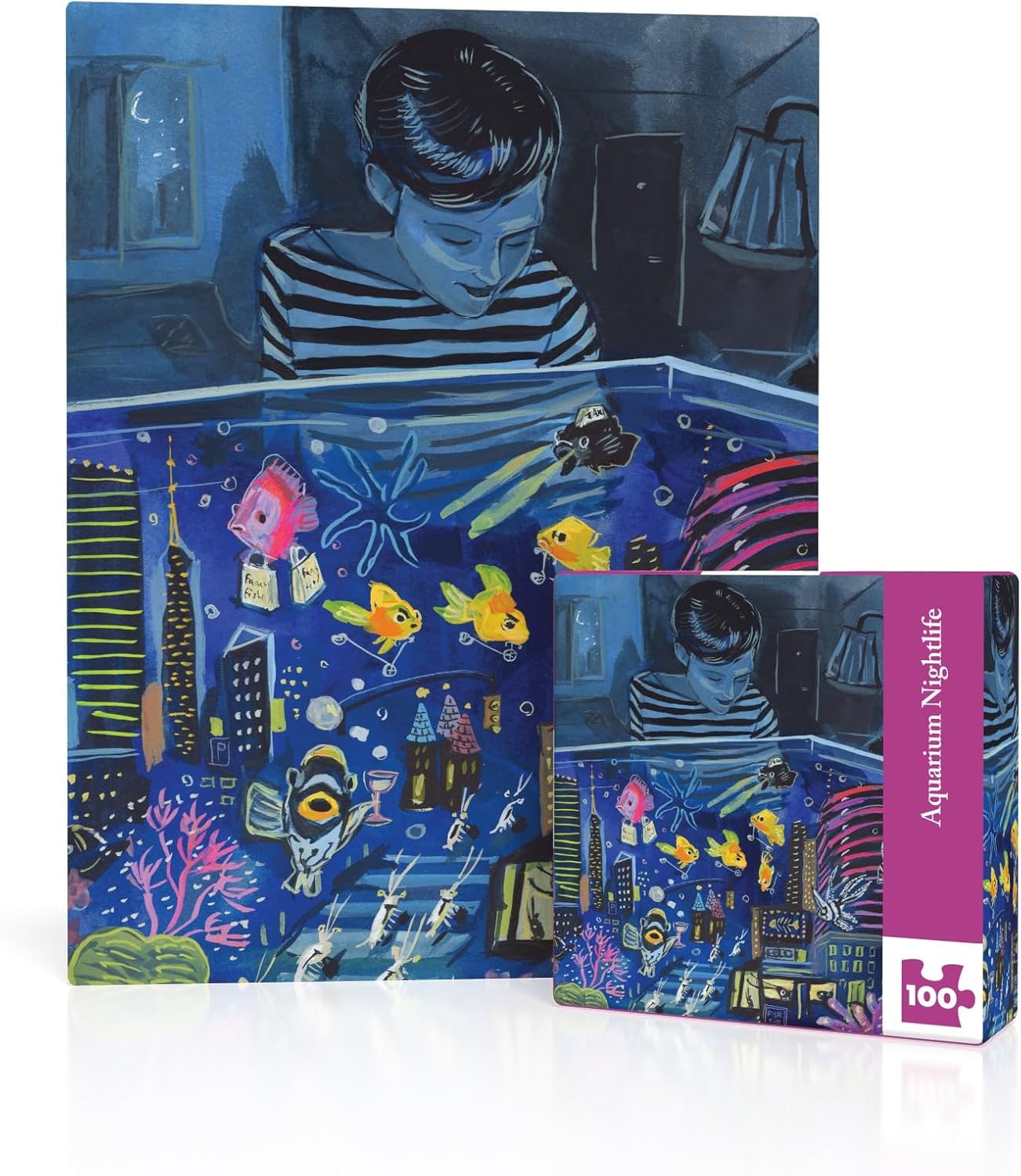 New York Puzzle Company - Jenny Kroik Aquarium Nightlife Mini - 100 Piece Jigsaw Puzzle for Family Game Nights by Jenny Kroik