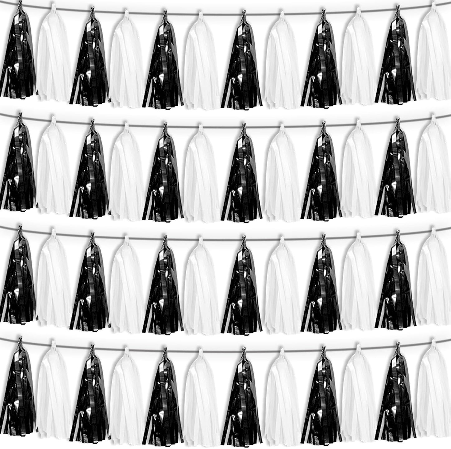 4P Black White Tassel Banner Garland Metallic Foil Fringe Banner Tinsel Tassels Streamer Banner Backdrop for Parade Floats Graduation, Halloween, Christmas, Father's Day Party Decorations