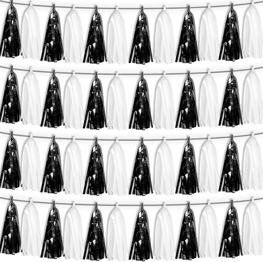 4P Black White Tassel Banner Garland Metallic Foil Fringe Banner Tinsel Tassels Streamer Banner Backdrop for Parade Floats Graduation, Halloween, Christmas, Father's Day Party Decorations
