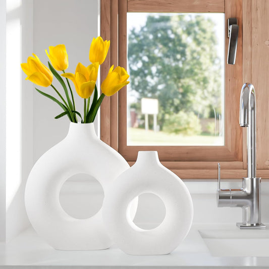 White Ceramic Vases for Decor, Home Decor Ceramic Vase Set of 2, Nordic Room Decorations Vases, Minimalist Decorative Vase for Table Centerpiece Wedding Dining Living Room Office House Decoration
