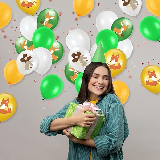 Animal Balloons, 12 Inch Jungle Safari Balloons Animal Rabbit Sika Deer Fox Squirrel Print Balloons Green White Yellow Jungle Safari Theme Party Decorations Party Supplies (4 Kind Of Animal)