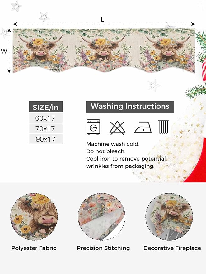 Spring Cow Floral Fireplace Mantel Scarf Table Runner, Green Eucalyptus Leaves Linen Winter Garland Mantel Top Tablerunners Dresser Scarves Cover Decorations for Windows Party Living Room 90''x17''