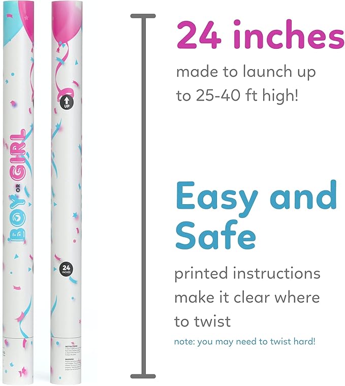 24” X-large Gender Reveal Confetti & Powder Smoke Cannon | 2 Pink Poppers | Biodegradable | Alternative to Gender Reveal Smoke Bombs Extinguisher | Baby Gender Reveal Decorations | TUR Party Supplies