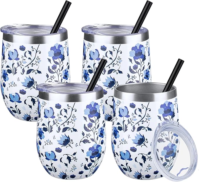 12 oz Insulated Wine Tumbler with Lid and Straw,Stainless Steel Stemless Wine Tumbler Glasses Double Wall Vacuum Wine Cups Tumbler Bulk for Coffee,Cocktail,Office (Blue and White Porcelain,4)