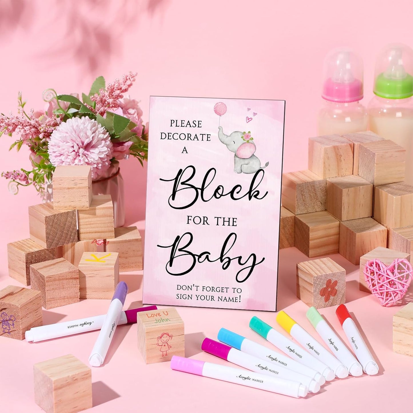 Tatuo 75 Pcs Baby Shower Games Sign Kit Including Decorate a Block Game Sign 50 DIY Wooden Block 24 Acrylic Paint Marker Baby Shower Prize for Gender Reveal Party(Elephant)
