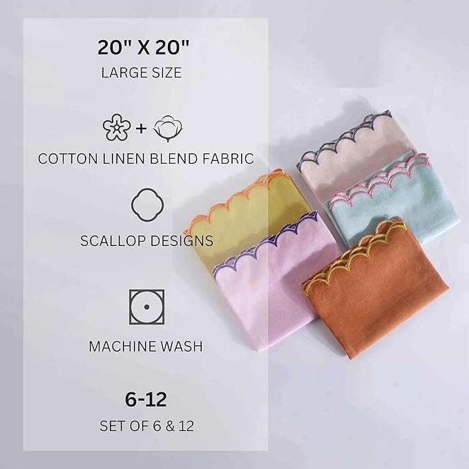 FINGERCRAFT Cloth Napkins, Everyday Use Reversible Scallop Design, Premium Quality Cotton Linen Blend Napkin Set of 6 Perfect for Parties Dinners Weddings Easter Napkin Cloth 20x20 Inch Pastel Rose