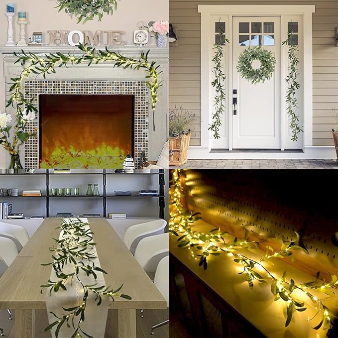 6.56FT Lighted Olive Garland with Lights 96 LED 8 Modes Battery Operated with Timer Artificial Greenery Vine Garland with Lights for Mantel Fireplace Table Wall Patio Wedding Holiday Spring Decoration