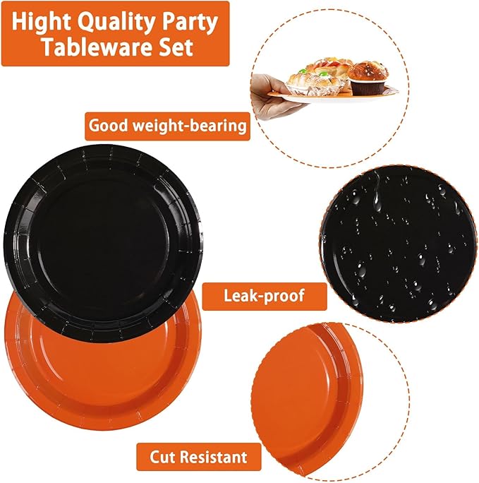 Grencian 200Pcs Orange and Black Party Decorations Orange and Black Plates and Napkins Disposable Paper Tableware for Birthday Wedding Baby Shower Halloween Fall Harvest Party Supplies, Serves 50