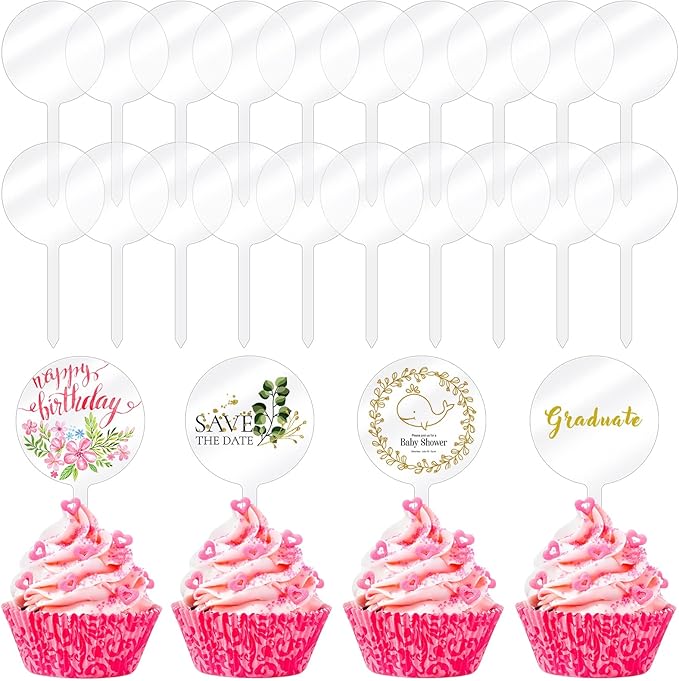 Chunful 30 Pack 2 Inch Circle Acrylic Custom Cupcake Topper, DIY Clear Blank Cake Personalized Cupcake Topper with Sticks for Birthday Party, Graduation, Wedding, Mother's, Baby Shower Cake Decoration