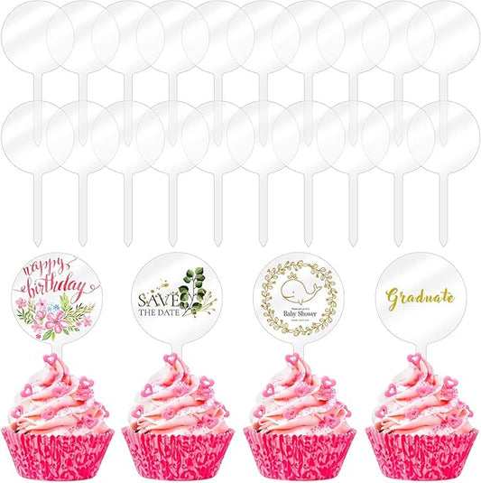 Chunful 30 Pack 2 Inch Circle Acrylic Custom Cupcake Topper, DIY Clear Blank Cake Personalized Cupcake Topper with Sticks for Birthday Party, Graduation, Wedding, Mother's, Baby Shower Cake Decoration