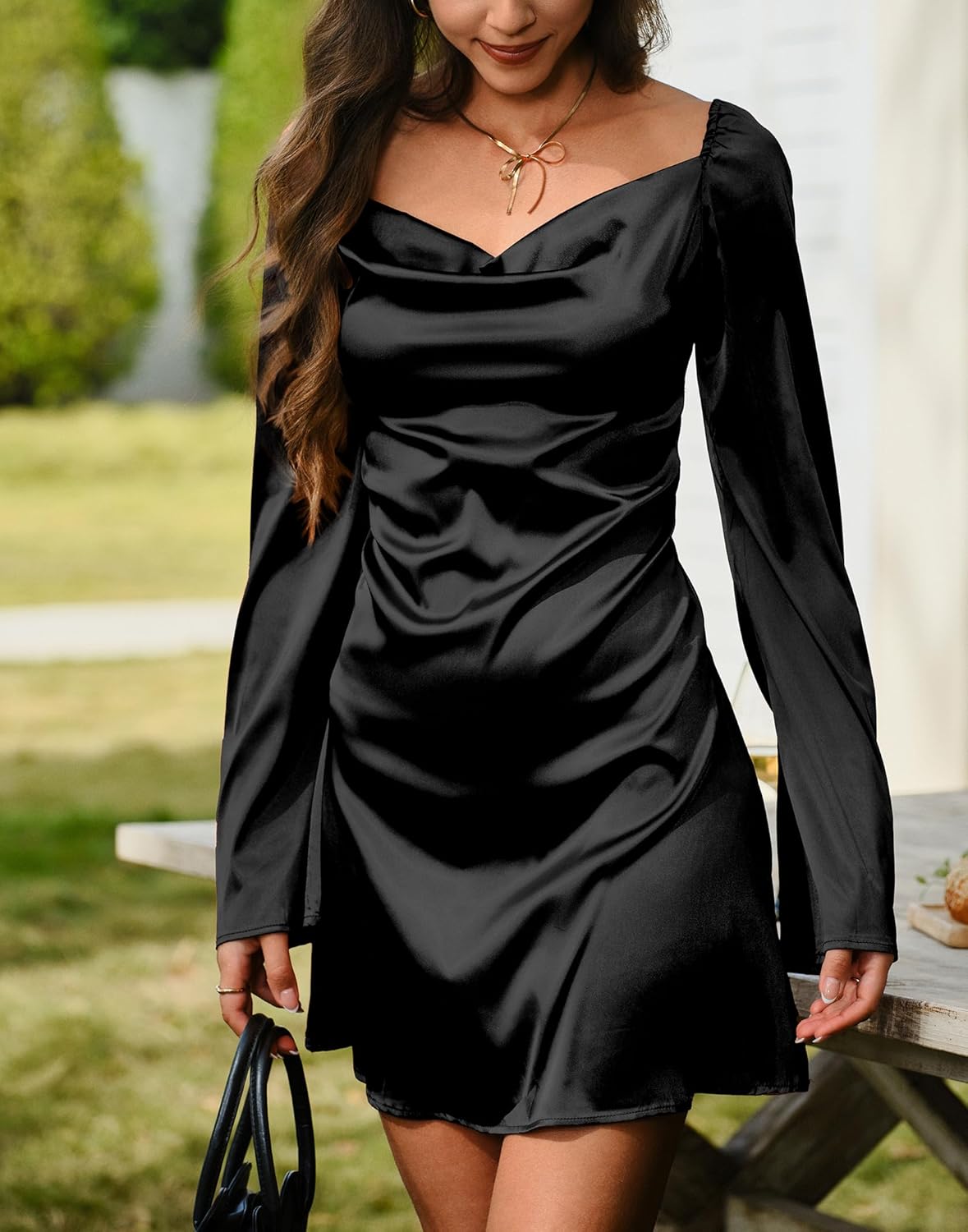 HYPERFIRE Women's Elegant Satin Long Sleeve Cowl Neck Mini Dress Tie Back Cocktail Dress Party Club
