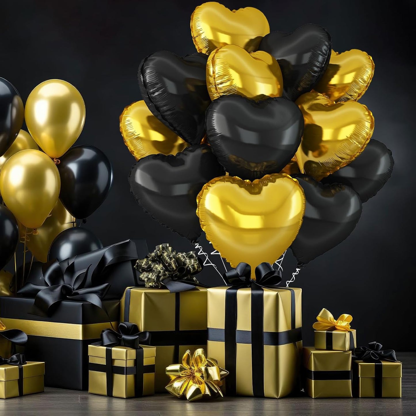 Black Gold Heart Balloons,12Pcs Black Heart Shaped Foil Balloons,18Inch Gold Helium Balloon for Birthday New Year Baby Shower Anniversary Wedding Party Decorations