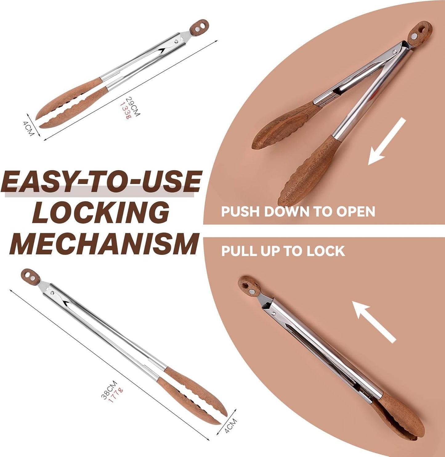 Wooden Tongs for Cooking, Kitchen Salad Locking Tongs for Serving Food, Toast, Bread, Stainless Steel Tong with Walnut Wood Tip, Food Tongs Set 9 & 12 inch for BBQ, Outdoor Camping Grill, Picnic