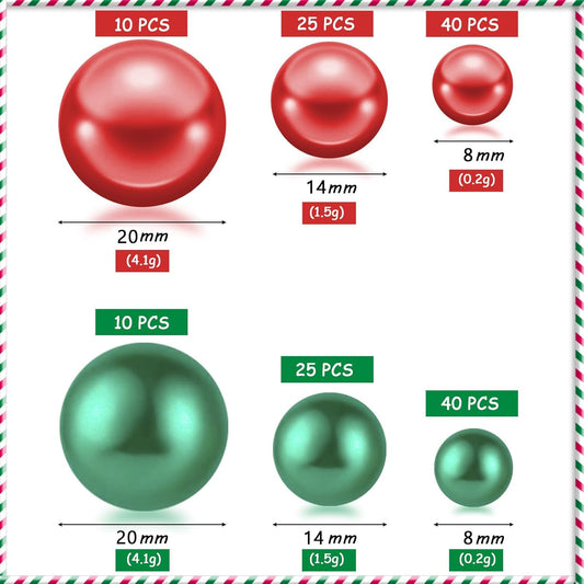 150Pcs Red&Green Polished No Hole Pearl Beads Vase Filler, Christmas Vase Filling Decorations, Plastic Pearls, Table Scatters, Wedding Home Decor, 8/14/20 mm