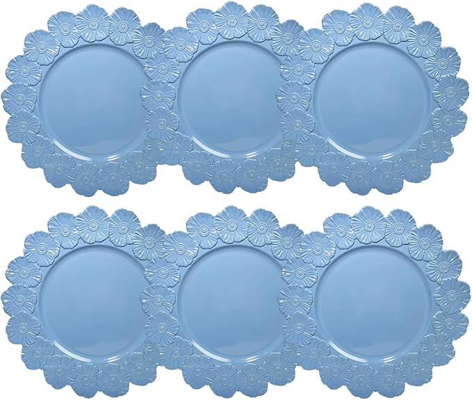 Blue Charger Plates with Flower Rim, 13" Round Charger for Dinner Plates, Set of 6 Plastic Plate Chargers for Wedding, Birthday.