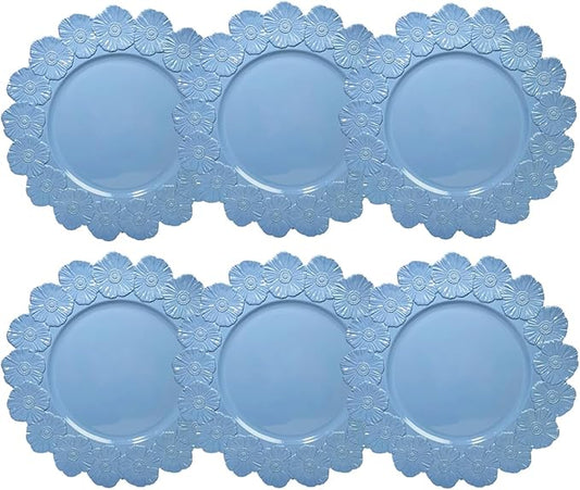 Blue Charger Plates with Flower Rim, 13" Round Charger for Dinner Plates, Set of 6 Plastic Plate Chargers for Wedding, Birthday.