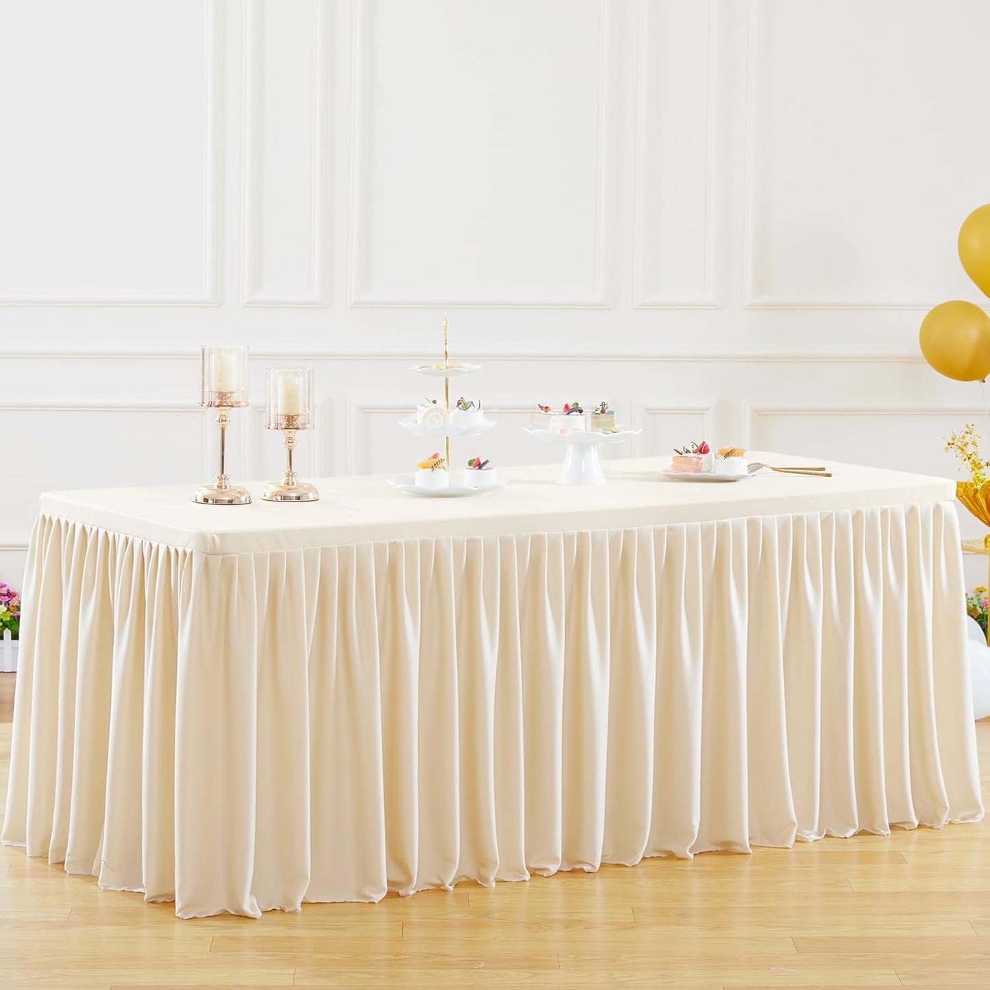 Light Champagne Polyester Table Clothes for 6 Foot Rectangle Tables, Wrinkle Free Fitted Table Cover 6ft Stretch Tablecloths with Skirt for Parties Weddings Birthday Banquet Baby Shower