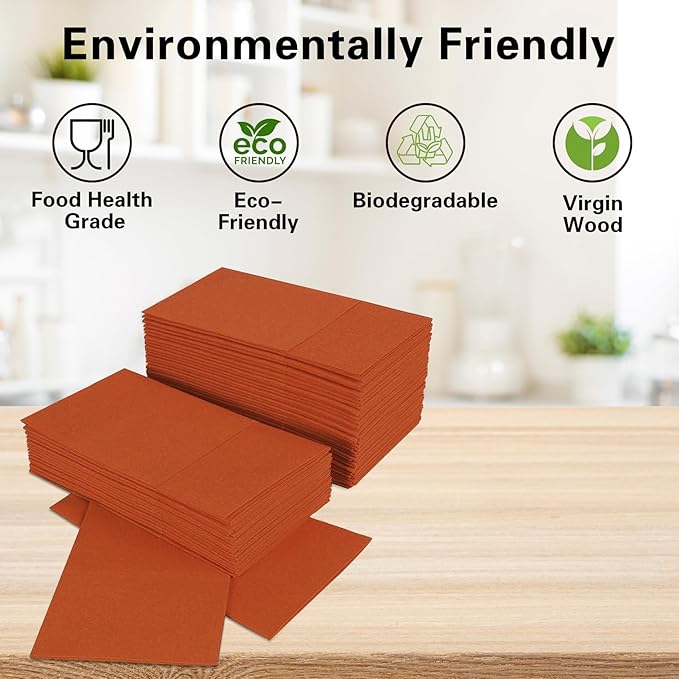 Terracotta Napkins Hand Towels Disposable, Linen-Feel Dinner Napkins with Prefolded Built-in Flatware Pocket, Guest Paper Hand Towels For Wedding, Dinner Or Party (16x16in, 50Pack）