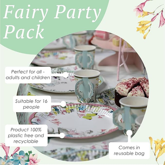 Talking Tables 50pcs Fairy Party Wildflower Decorations Disposable Tableware Butterfly Bunting, Paper Cups, Plates Pretty Napkins Kids Birthday, Mother's Day, Afternoon Tea, Baby Shower for 16 Guests