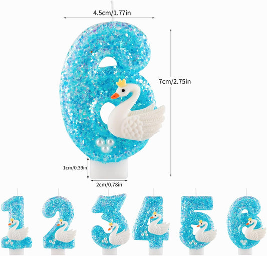 Girls Glitter 5 Birthday Number Candles, Blue Lake White Pearls Swan Number Birthday Candles for Girls Women Birthday Cakes Swan Themed Birthday Decorations Party Favors Number 5 Candle Cake Topper