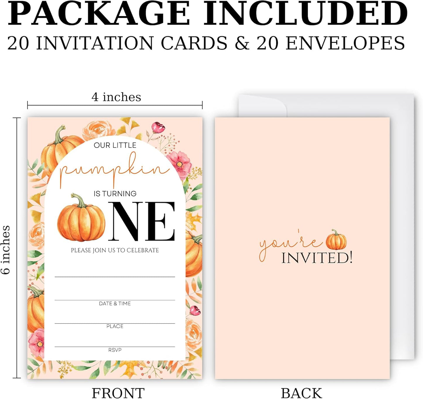 Birthday Invitations - Our Little Pumpkin Design Card with Envelopes And RSVP Cards - You're Invited 20Pcs Fill In Birthday Invitation Cards For Boys, Girls, Kids(4 x 6 Inch) (024)