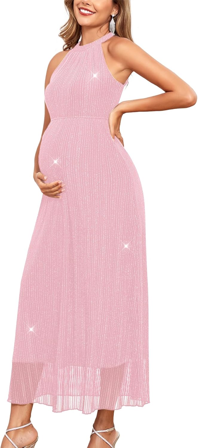 Maternity Sparkly Mesh Dress Halter Neck Sleeveless A Line Pregnancy Dresses Semi Formal Baby Shower Photoshoot