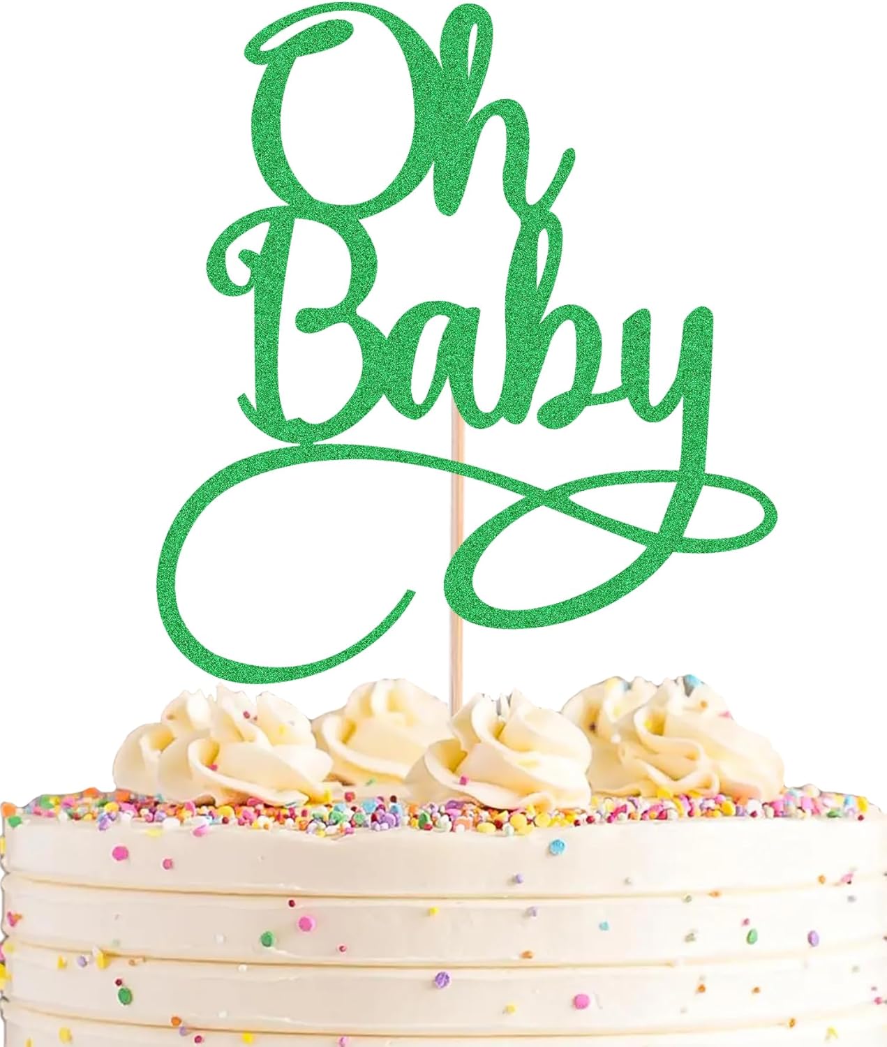 Oh Baby Cake Topper - Green Glitter Baby Birthday Party Cake Decoration Supplies, for Baby Shower/Gender Reveal Party Photo Booth Props