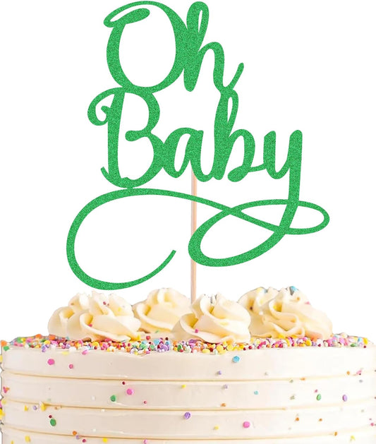 Oh Baby Cake Topper - Green Glitter Baby Birthday Party Cake Decoration Supplies, for Baby Shower/Gender Reveal Party Photo Booth Props