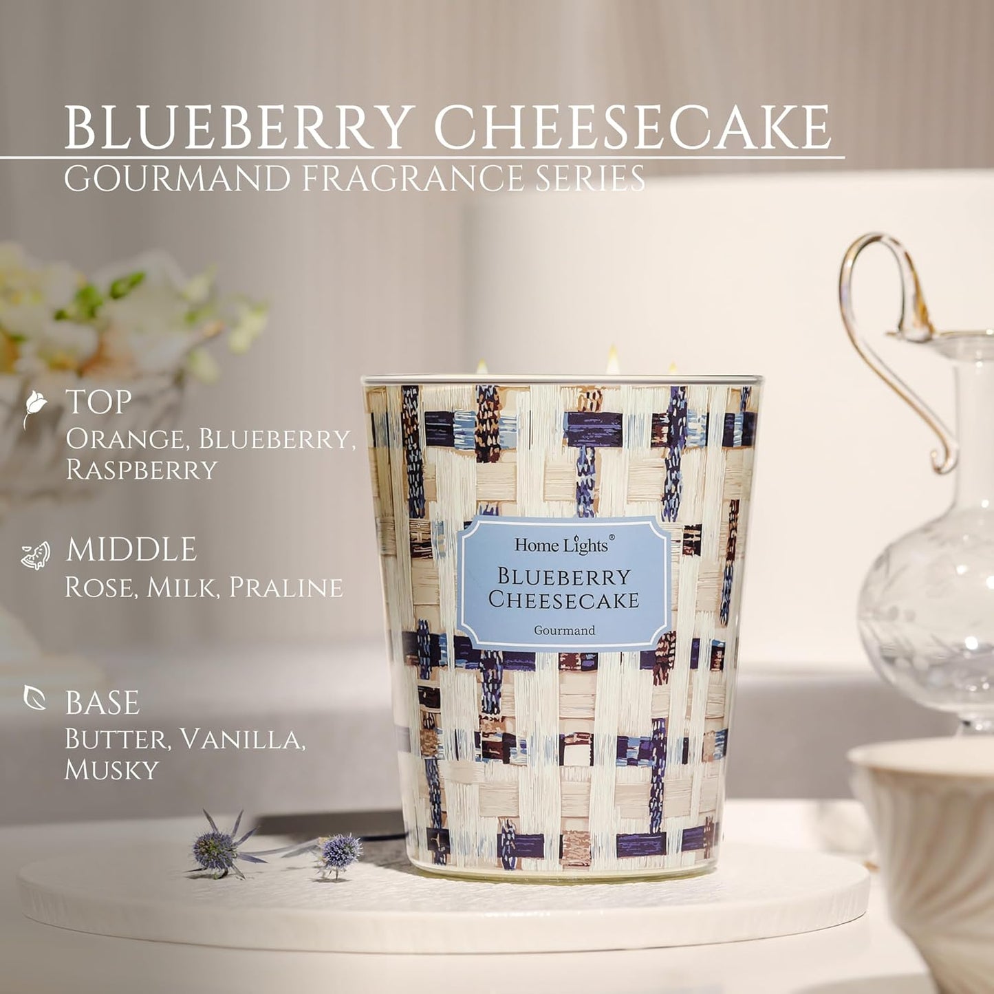 HomeLights Scented Candles for Women & Men, 34oz Candle Jars Aromatherapy 3-Wick Candle, Ideal for Rustic Modern Home Decor and Gifts, Blueberry Cheesecake