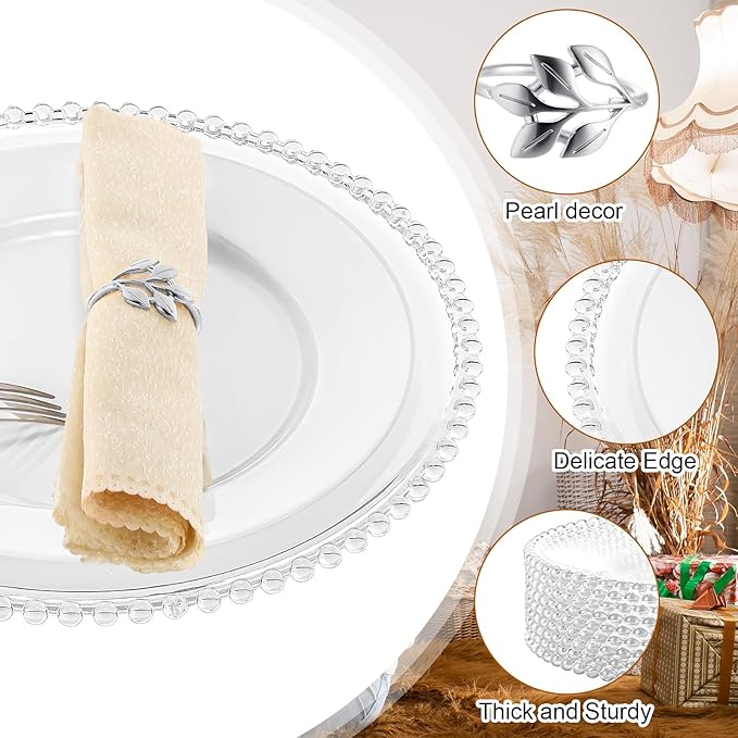 Bokon 50 Set Clear Charger Plates Bulk 13 Inch Beaded Plastic Charger Plates with Napkin Rings Acrylic Round Dinner Table Decorative Plates for Party Wedding Thanksgiving(Clear and Silver)