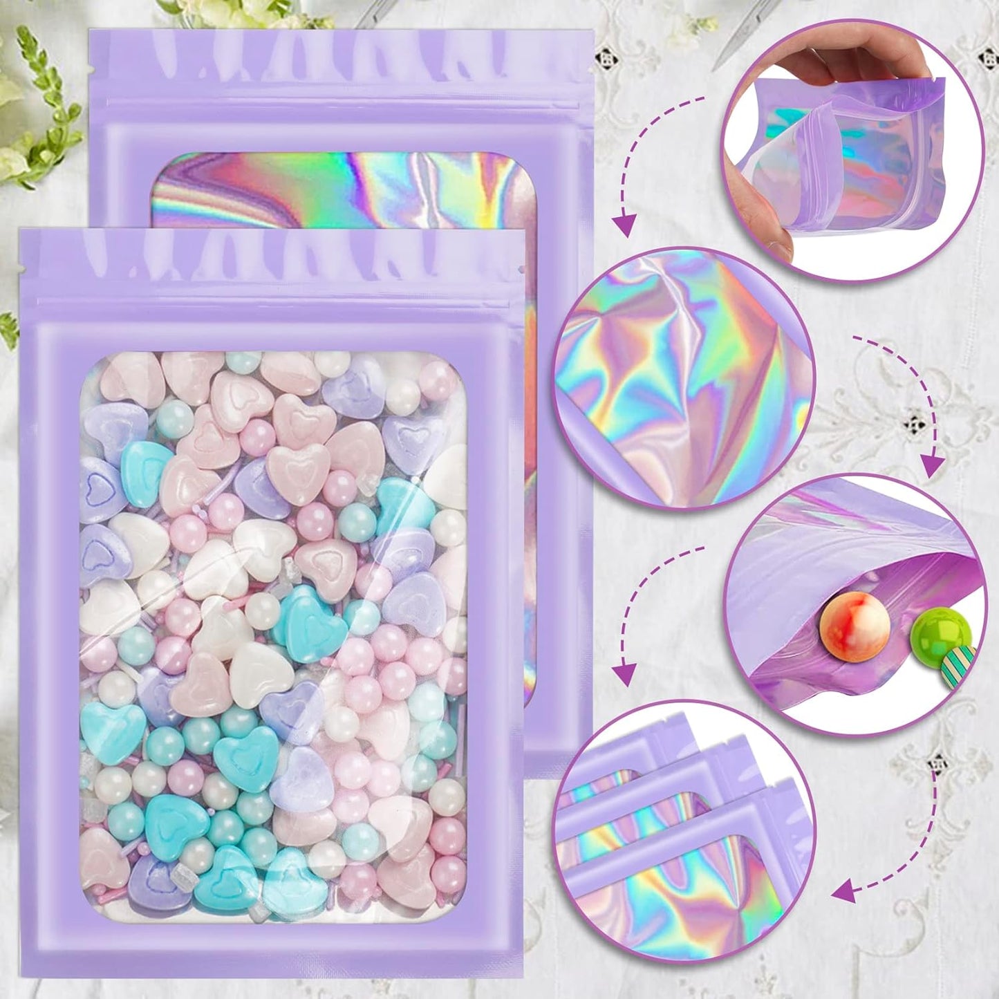 100 Pieces Smell Proof Mylar Resealable Bags, Holographic Packaging Bags, Resealable Odor Foil Pouch Zip Bags with Clear Window for Food Storage and Lipgloss, Jewelry Lash (Purple, 3.1 x 5.1 Inch)
