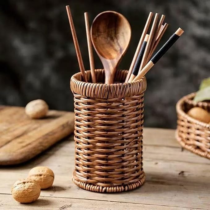 Utensil Holder Spoon Kitchen Counter Decor Wooden/Wicker Utensil Caddy6.1 L x 4" W x 4" H Farmhouse Kitchen Decor