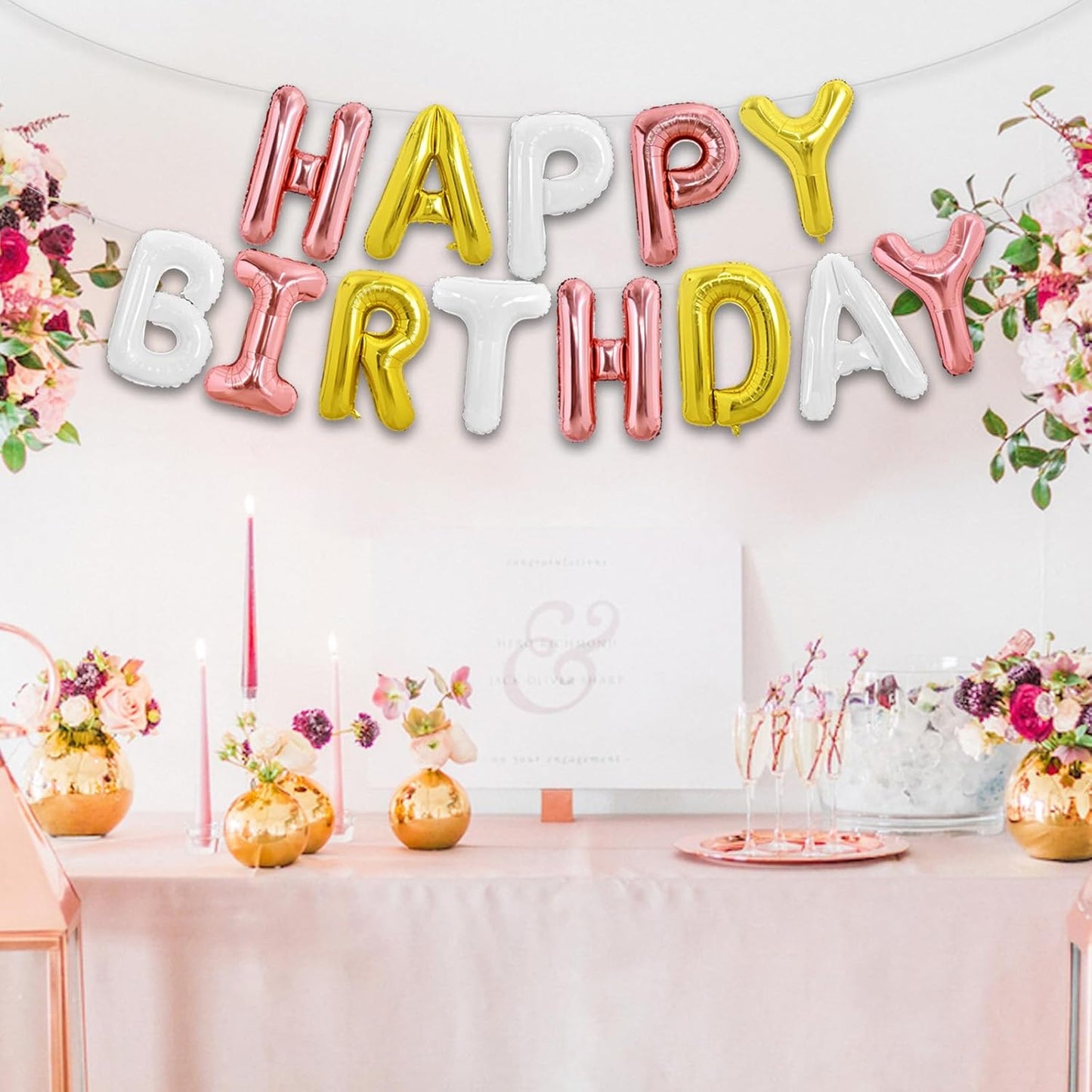 TONIFUL Happy Birthday Balloons Banner 16 Inch Mylar Foil Letters Birthday Sign Reusable for Girls Boys Kids & Adults Birthday Party Decorations Supplies（Rose Gold Gold White）