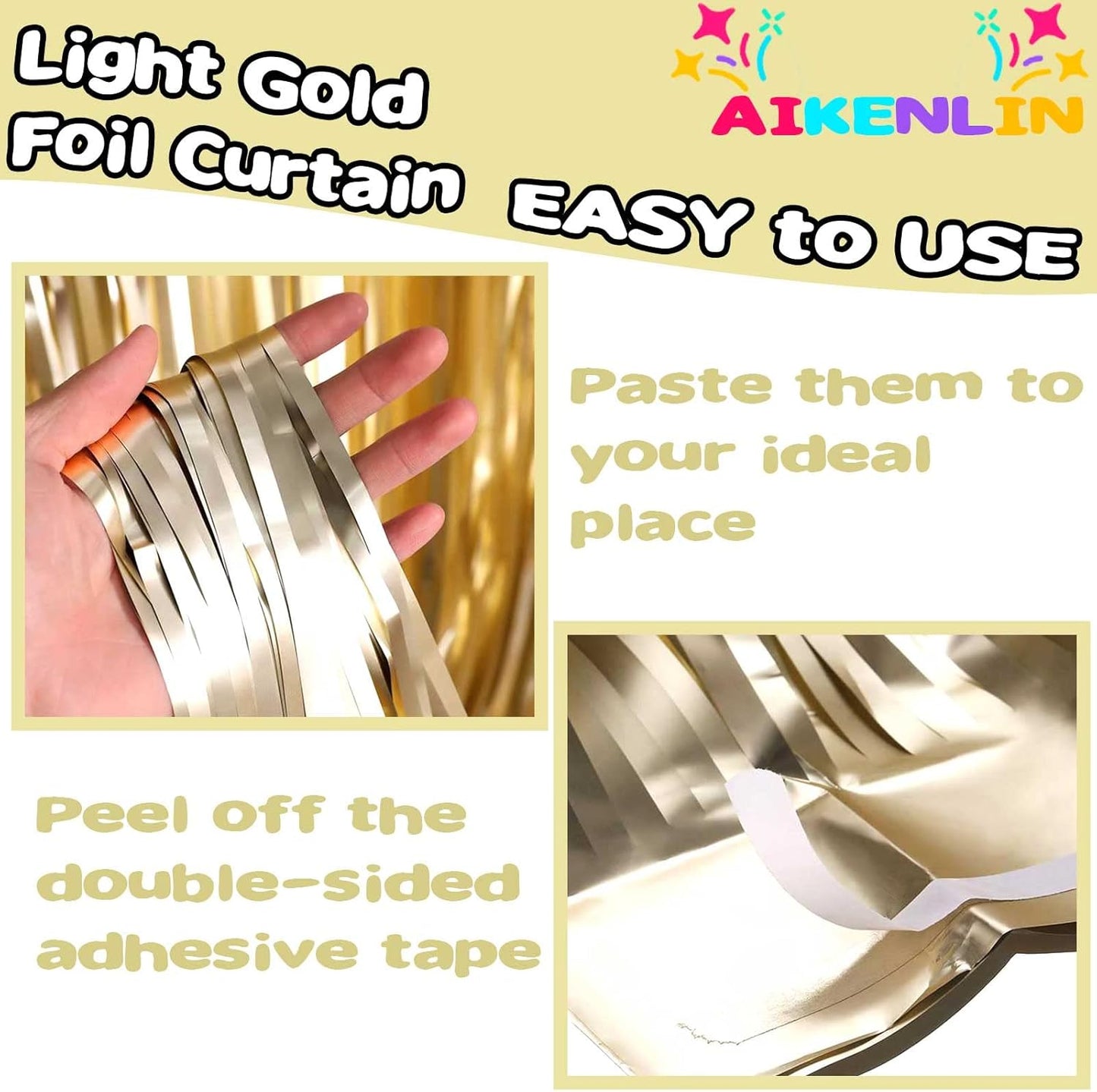 4 Pack 3.3Ft x 6.6Ft Light Gold Foil Fringe Curtain Backdrop, Metallic Tinsel Foil Fringe Streamers Curtains Background for Photo Booth, Birthday, Wedding, Halloween, Christmas Party Decoration